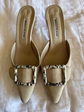 Manolo Blahnik Beige Suede Pointed Mule with Snakeskin Buckle